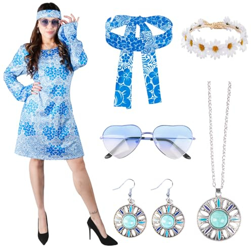 Hippie D15 6PCS Hippie Kostüm Damen, 60er 70er Jahre Outfit Damen, Hippie Stirnband+Haarband+Brille+Halskette+Ohrringe, Disco Outfit Hippie Accessoires Damen, Damen Kleid für Karneval Party