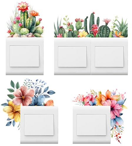 Pegatinas para el interruptor de la lámpara swirlcolor, 4 flores cactus pegatinas en la pared tapa del interruptor de la lámpara impermeable pegatinas decorativas de PVC pegatinas en la pared de la co