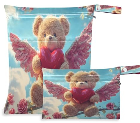 Waassud Wiederverwendbare Tasche mit Bärchen mit Flügeln, Organizer für nasse und trockene Feuchte, mit 2 Reißverschlusstaschen für Badeanzug, Fitnessstudio, Kleidung, mehrfarbig, Einheitsgröße,