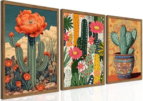 Framed Mexican Cactus Canvas Wall Art Set of 3 - Vintage Desert Floral Wall Decor Paintings, Boho Southwestern Botanical Prints Pictures for Living Room Bedroom Bathroom Home Decor 12x16 inch