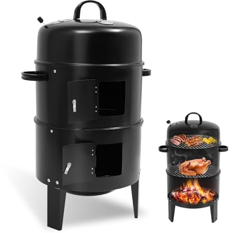 Smoker Grill BBQ, 3 in 1 Räuchern Räucherofen mit Deckel & Thermometer und 2 Grillrost, 2 Wasserschale Emaille, Holzkohlegrill Räuchertonne für Partys, Garten-BBQ, Camping-Grillen