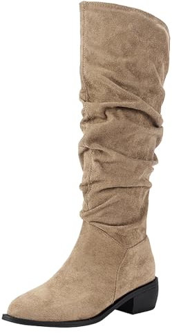 Generisch Stivali alti da donna con tacco alto al ginocchio | tacco basso a punta svasata a punta lunga | Eleganti stivali alla moda in pelle scamosciata stivali invernali da donna, cachi, 38