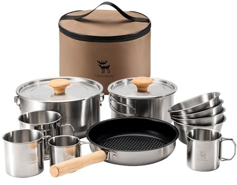 Qunature Set di Pentole da Campeggio in Acciaio Inossidabile, Kit Campeggio Cucina Portabile Anti-Calore, Stoccaggio Nidificabile, per Picnic Trekking Escursione