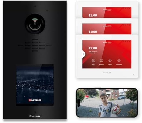 Metzler Video Türsprechanlage mit Touchscreen-Display und HD-Kamera Tiefschwarz RAL 9005 3 Innenstationen 146° Weitwinkel Blickwinkel Nachtsicht App-Steuerung VDM10 10 Jahre Ersatzteilverfügbarkeit