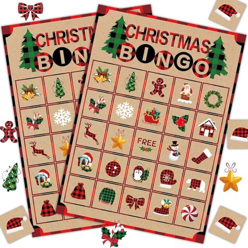Joykindom Weihnachts Bingo Spiel für Erwachsene Kinder - 24 Stück Weihnachtsbingo Christmas Bingo Karten Weihnachts Kartenspiele Schule Klassenzimmer Party Zubehör Geschenk für Jungen Mädchen
