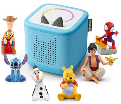 tonies Toniebox 2 Bundle Incl. 6 Tonies: Disney Lilo & Stitch, Disney Toy Story, Spidey and his Amazing Friends Miles Morales, Disney Alladin, Disney Frozen Olaf, Disney WInnie the Pooh, Sky Blue