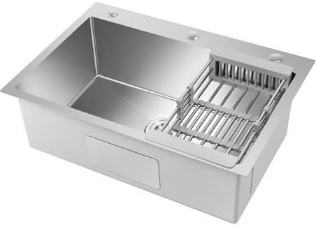 304 Stainless Steel Kitchen Sink 66 X 45 X 21cm Commercial-Grade Basin with Sewer Pipes and Drainage Basket Undermount Kitchen Sink Large Single Bowl for Kitchens, Bathrooms, Laundry Rooms
