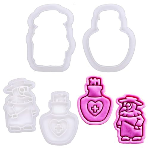 BAKERLOGY Mini Plague Doctor & Potion Cookie Cutter and Stamp Set (2) – Plague Doctor and Medicine Bottle Design Cupcake Fondant Embossers for Halloween, Gothic, and Medical-Themed Bakes