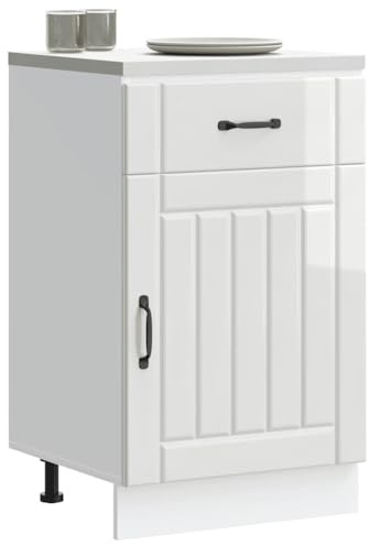 Homvdxl 50 cm schmaler Küchenunterschrank mit Schublade, Tür und verstellbaren Füßen, moderner Unterschrank für Esszimmer, Wohnzimmer, Weiß Hochglanz