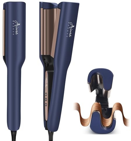 Aima Beauty 1 Inch Deep Wave Curling Iron Hair Crimper Waver Beach Waves Curling Wand, Memory Timer, Adjustable Temp Travel Dual Voltage Anti-Scald Lasting Style Ionic Anti-Frizz, Prussian Blue