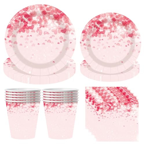 Valentine's Day Party Tableware, Valentine's Day Party Supplies Heart Paper Plates, Cup, Napkin, Wedding Tableware Decorations - 10Guests