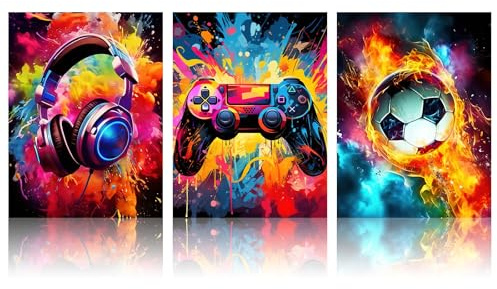 Cunegra 3 Stück Graffiti Gaming Poster, Fußball Gaming Bilder aus Leinwand, Fußball Poster Wandbilder für Jugendzimmer, Poster Jugendzimmer Jungen, Zimmer Deko Jungs, Ohne Rahmen, 30x40cm