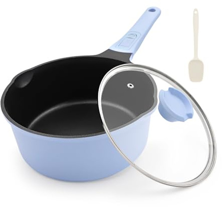 Kasserolle 18cm mit Deckel, 2L Antihaft-Stielkasserolle（Blau） | Milchtopf mit Abnehmbarer Griff Geeignet für alle Herdarten, Ofenfest