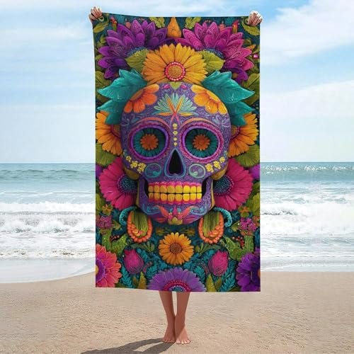 Strandtuch mit mexikanischem Totenkopf-Blumenmuster, bunte Blumen, sandfrei, Mikrofaser, große Duschtücher, Mehrzweck-Duschtücher, saugfähig, für Badezimmer, Pool, 130 x 80 cm
