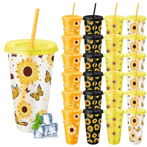 24 Pack Sunflower Plastic Cups with Lids and Straws, 710ml Party Tumblers | Reusable PP, 4 Coordinating Sunflower Designs, for Iced Coffee, Juice, BBQs, Picnics And Summer Parties