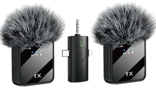 Jorzer Microfoni wireless, microfono lavalier 3 in 1 con cancellazione del rumore, microfono da 3, 5 mm, confezione da 2 mini con display a LED per interviste, ASMR, video e podcasting, strument