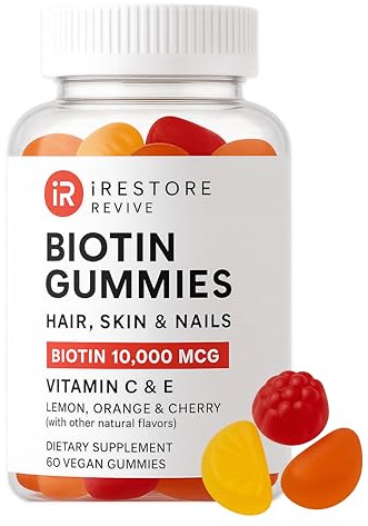 iRestore Biotin Gummies 10,000 mcg - 3 Natural Fruit Flavors, Hair Vitamins Multi Supplement for Hair Skin and Nails for Women & Men, 60 Vegan Gummies, 30 Day Supply