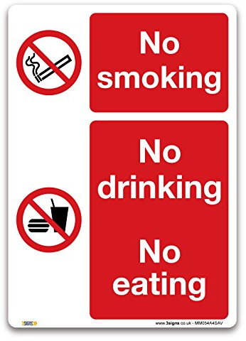 Zeichen Nicht Rauchen, Trinken Oder Essen Schild - Selbstklebend Vinyl Aufkleber - Prohibition Sicherheit Informationen, Selbstklebendes Vinyl, A4 297x210mm