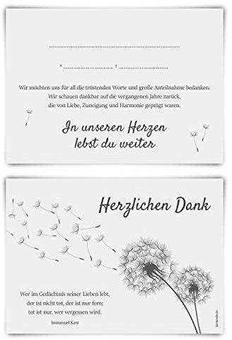 Trauerkarten Trauer Danksagungen 12 Stück Karten Set - Pusteblume Vorausgefüllt