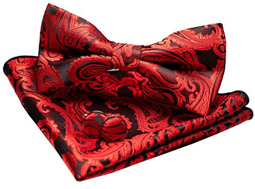 JEMYGINS Paisley Rot Fliege und Einstecktuch mit Manschettenknöpfe Sets für Herren, M, Rot1