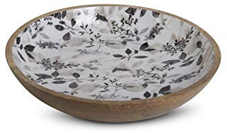 K&K Interiors 16448D-3 15.75 Inch Wooden Bowl w/Black and Gray Botanical Enamel Inside