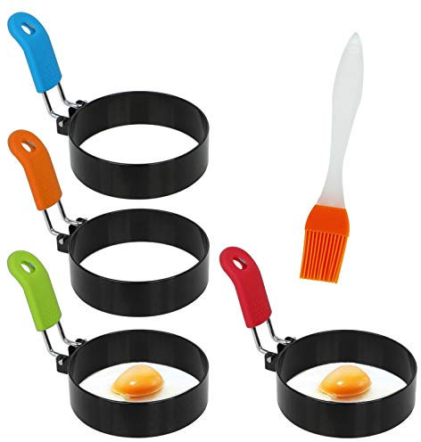 WOVTE Egg Rings,4pcs Stainless Steel Egg Rings Non Stick Set with Folding Handles and One Silicone Brush,Breakfast Cooking Tool Suitable for Fried Eggs, Pancakes