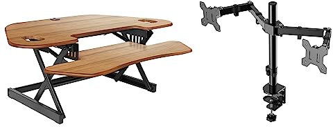 Rocelco 46 Height Adjustable Corner Desk Converter with Dual Monitor Arm, Fast Standing Computer Workstation Riser - Extra Large Keyboard Tray - Teak Wood Grain (R CADRG-46-DM2)