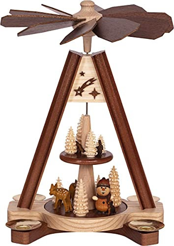 Rudolphs Schatzkiste Premium Tischpyramide 2-stöckig, Waldwichtel, zweifarbig für 4 Pyramidenkerzen HxØ 24x18cm NEU Weihnachtspyramide Holzpyramide