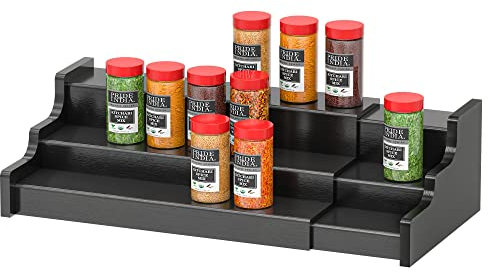 Zri Bamboo Gewürzregal für Schrank – 3 Etagen, schwarz, Bambusholz, erweiterbares Ausstellungsregal von 32 bis 56 cm