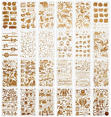 MWOOT 24 Stück Gemischt Schablonen Journal Stencils Kit, Wiederverwendbares Planer Tagebuch Malerei Vorlage Zubehör, DIY Schablone zum Malen an Notizbuch Kalender Wand Dekoration (10.4x17.8CM)