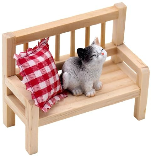 ZauberDeko Wichtel Zubehör Holzbank Kissen Katze sitzend Puppenhaus Miniatur Set 3-teilig