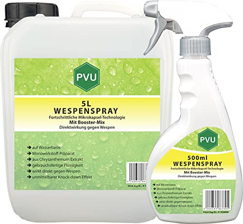 Pvu Wespenspray 5 Liter + 500ml | Wespenabwehr formuliert in Deutschland | Hochwirksames Wespengift aus reinen Chrysanthemum Extrakt