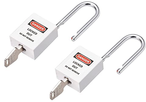 M METERXITY 2 Pack Candado de Bloqueo Candado de Seguridad 38mm Blanco | para Interior y Exterior, Con La Misma Llave y Arandela de Acero, Aplicable a Cerraduras Eléctricas/Hidráulicas