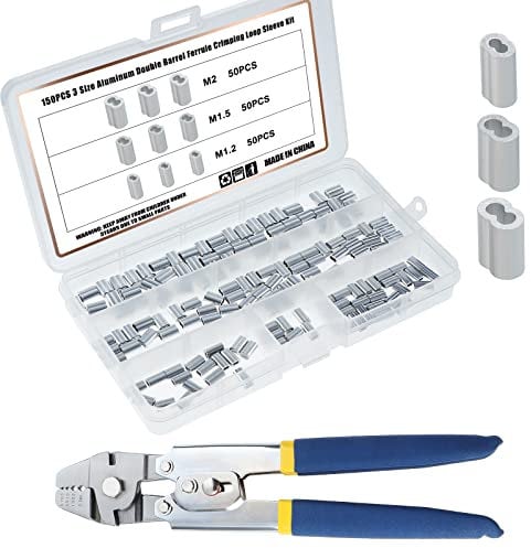 Knpwer Kit di 151 crimpatrici per funi metalliche, fino a 2,2 mm, con 150 pezzi in 3 misure, in alluminio, doppio cilindro, ghiera a crimpare (151)