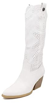 QUEEN HELENA Camperos Stivali Texani Traforati con Tacco Western Cowboy a Punta Stivaletti con Zip Laterale Donna X28-100 (Bianco, Sistema Taglie Calzature EU, Adulto, Donna, Numero, Media, 39)