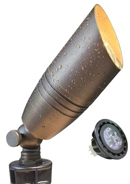 MALORY Brass Landscape Spotlights 1-Pack with MR16 Bulb(S02), 12V Low Voltage Landscape Lighting LED Outdoor Spot Uplights for House and Tree,PVC Ground Stake and Wire Connector Included, 5W 2700K