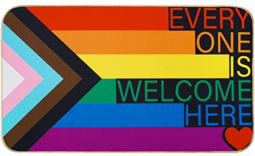 Rainbow Pride Day Door Mat Everyone is Welcome Here Front Door Mat with Anti-Slip Rubber Back Rainbow Felt Floor Mat for LGBT Indoor Outdoor Kitchen Home Decor, 17 x 29 Inch