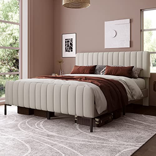 Merax Polsterbett 140 x 200 cm, Doppelbett Bettgestell mit Lattenrost und Verstellbares Kopfteil und Fußteil, Leinenmaterial in Beige, für Erwachsenen & Jugendbett & Gästezimmer, ohne Matratze, Beige