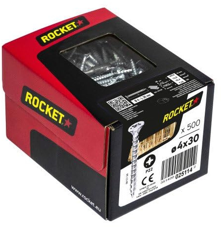 Vis à bois aggloméré Rocket acier zingué blanc tête fraisée empreinte PZ entièrement filetée 4x30mm 500 p