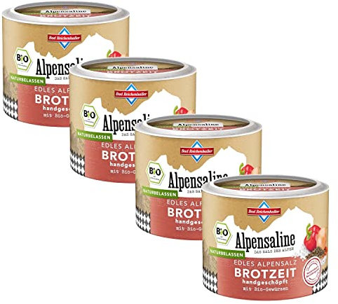 Bad Reichenhaller Alpensaline Edles Alpensalz Brotzeit 4x100g | Premium Salz Gewürzischung mit Bio-Gewürzen Brotzeitsalz Butterbrot biologischer Anbau | Bundle Paket Vorratspackung