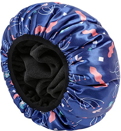 E ENASUE Wiederverwendbare 3-lagige Duschhaube,Extra-große wasserdichte Duschhaube, geeignet für alle Arten von langem Haar,Verstellbare Damen-Duschhaube, ideal für Mädchen, die sich schminken (Blau)