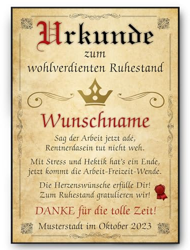 Tigerlino® Ruhestand Urkunde personalisiert Rente persönliches Abschiedsgeschenk Kollegen personalisierte Geschenkidee zum Ruhestand