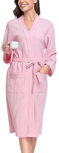 Vlazom Waffle Dressing Gowns Unisex Kimono Robe Cotton Lightweight Bathrobe for All Seasons Spa Hotel Sleepwear Pink, L