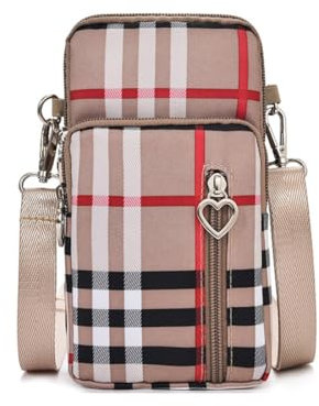 LTLSZRN Handytasche zum Umhängen,Nylon Handy Umhängetasche, Geldbörse Brieftasche,Umhängetasche mit Kopfhörer Eingang,Crossbody Schultertasche,Schultertasche für Handy unter 7 zoll(Aprikosen-Gitter)