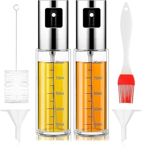 Oil Sprayer 100 ml - Olive Oil Glass Bottle with Brush, Pack of 2, Oil Sprayer for Cooking Oil for Hot Air Fryer, Mist Atomiser for Olive Oil, Vinegar, Cooking Sprayer with Measuring Scale for Kitchen