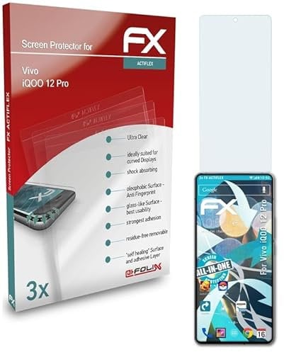 atFoliX Schutzfolie kompatibel mit iQOO 12 Pro Folie, ultraklare und flexible FX Displayschutzfolie (3X)