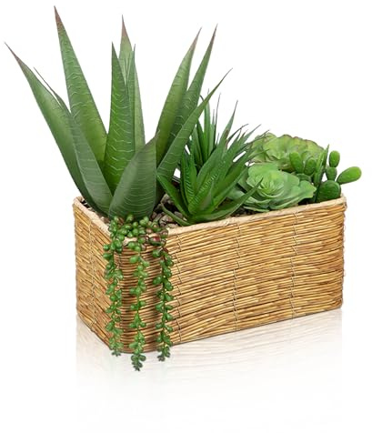 Oairse Artificial Succulent Plant Arrangement Centerpiece Assorted Fake Snake Succulents in Rectangular Woven Basket Faux Potted Succulents for Indoor Home Office Table Windowsill Shelf Decor, 30 cm