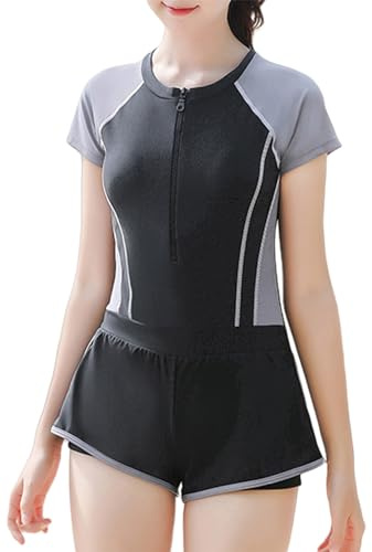 Maeau Maillot de Bain Fille 1 Une Pièce 11 12 13 Ans Anti UV Sport Tankini Costume de Bain Shorty Zippé Combinaison de Plage Enfant Rashguard Manche Courte Tenue Ensemble de Natation Piscine Gris
