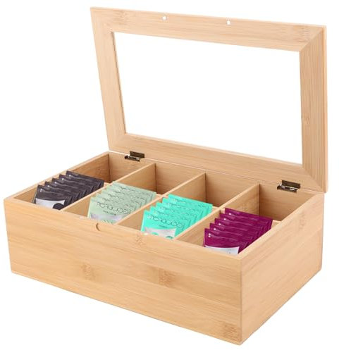 SHUESS Premium Teebox aus Bambus – Hochwertiger Teekasten mit 8 Fächern – Teekiste mit Sichtfenster- Tee Aufbewahrung, Teekasten, Teedose, Teebeutelbox, 32 x 19.8 x 10.4 cm, Natur