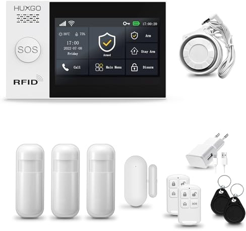 HUXGO® HXA007 Système d'alarme Maison WiFi + GSM avec Sirène | Alarme Maison avec capteur de fenêtre sans Fil, 3X détecteurs de Mouvement | Kit d'alarme Anti Intrusion pour Appartement